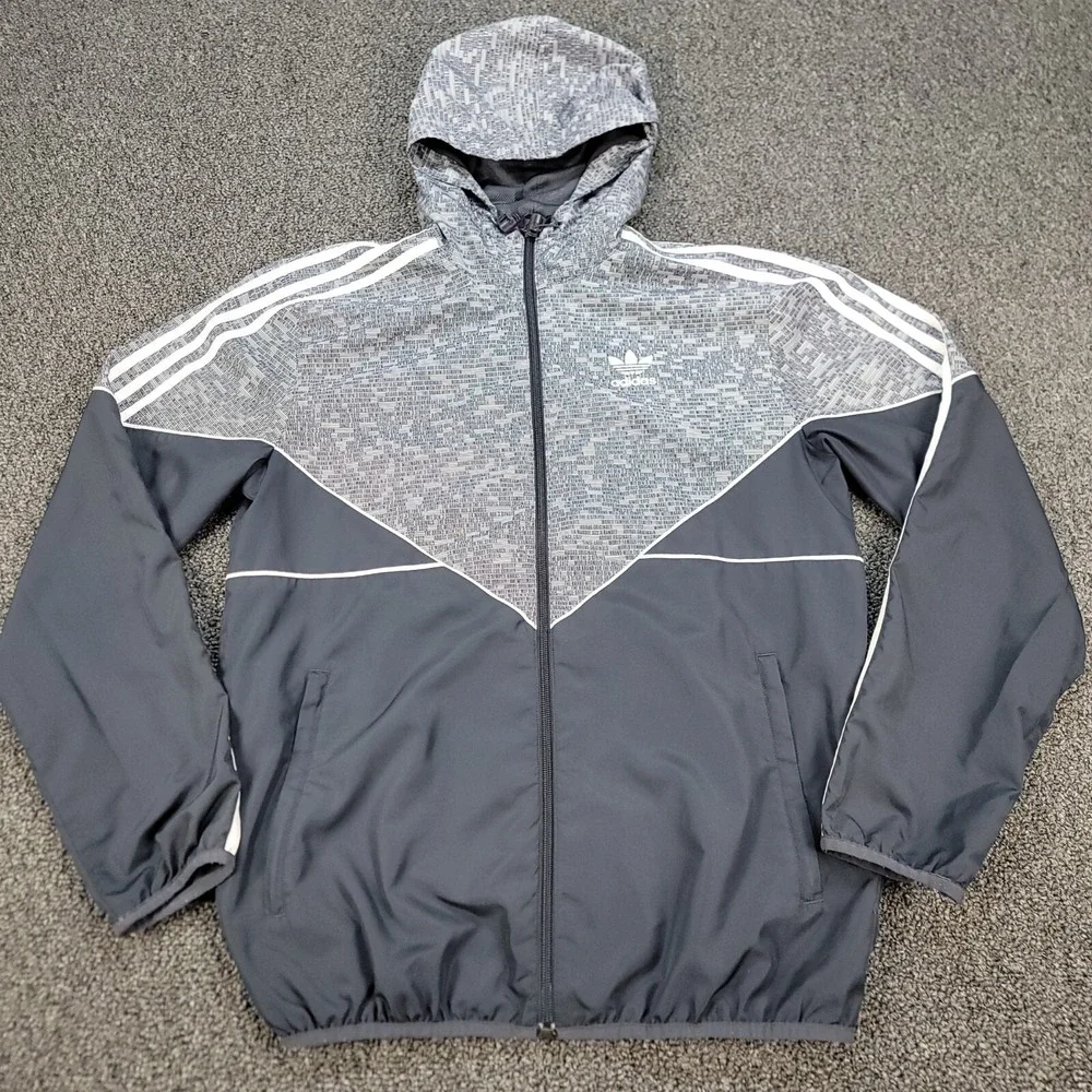 Adidas Windbreaker Mens S Navy Gray Trefoil Chevron Full Zip Hooded Jacket Retro